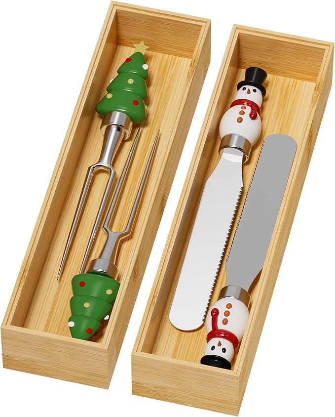 Bamboo Drawer Organizer, Narrow Stackable Cutlery Tray for Kitchen, 2 Pcs Silverware & Utensil Box, 12" x 3" x 2" (Outer), 11.3" x 2.3" x 1.77" (Inner)-NeatNest