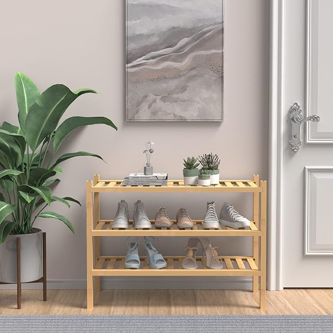 (Thick Bamboo Shoe Rack for Entryway, 3-Tier Free Standing Shoe Racks Stackable Shoe Rack Organizer for Hallway Closet Living Room 27 x12 x21 Inches-NeatNest