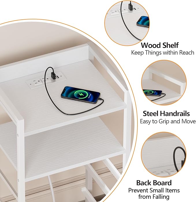 Furnulem White Nightstand with Charging Station, Night Stand Side Table with Led Light, Tall Dresser for Bedroom with 4 Fabric Storage Drawers, Metal Frame, Wood Shelf(White)