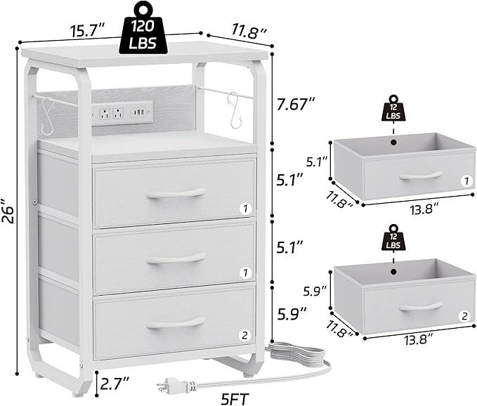 Bed Side Table with 3 Fabric Drawers, White Night Stand, LED Nightstand with Hooks, Bedside Table with Charging Station, End Table with Storage, Night Table for Living Room, Bedroom, Dorm-NeatNest