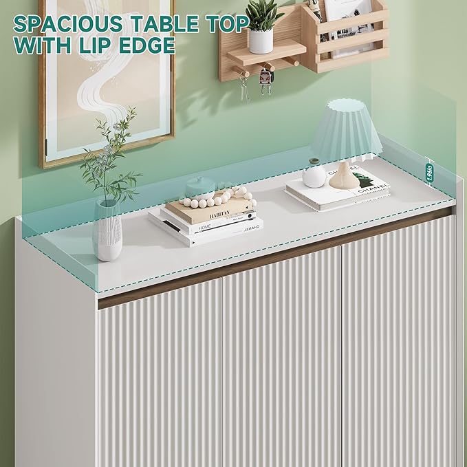 Wave Fluted Shoe Storage Cabinet with 3 Doors, 6-Tier Shoe Cabinet with Adjustable Shelves, 43.7”H Tall Shoe Cabinet Storage for Entryway Hallway White Shoe Rack Organizer Freestanding Cabinet-NeatNest