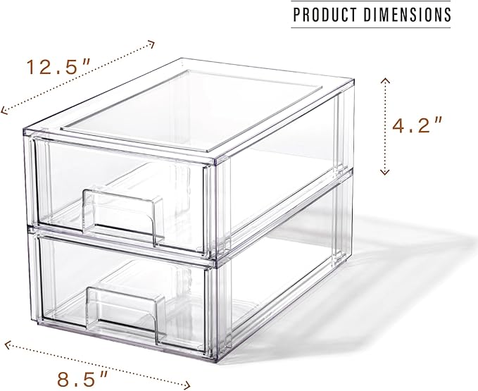 BINO | Stackable Storage Drawers, Small - 2 Pack, Clear | THE CRATE COLLECTION | Storage Bins With Drawers | Bathroom Organizers | Under Sink Organizer | Vanity Cabinet Home Organization-NeatNest