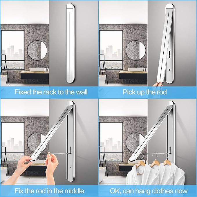 Wall Mounted Clothes Drying Rack - Foldable Indoor Laundry Rack,Space Saving Collapsible Clothes for Bathroom, Dorm, Apartment, RV, Laundry Room Organization.(Silver-Aluminum)
