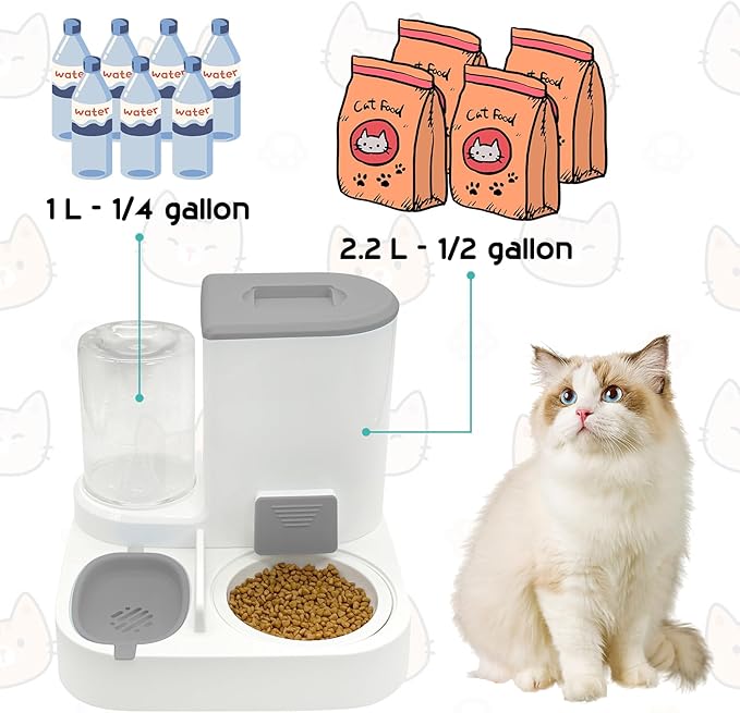 Fhiny Gravity Cat Feeder and Water Dispenser, 2 in 1 Automatic Pet Waterer Detachable Ceramic Food Bowls Set Pet Food Storage for Small Dog Puppy Cat Kitten Pet Easy Clean (Grey)-NeatNest
