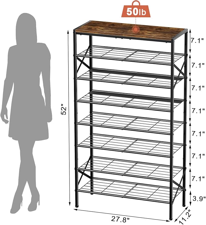 8-Tier Tall Shoe Rack Organizer Shoe Storage for Entryway 24-32 Pairs Metal Shoe Rack for Closet Heavy-Duty Shoe Rack with Wooden Top Shelf for Garage Rustic Brown-NeatNest