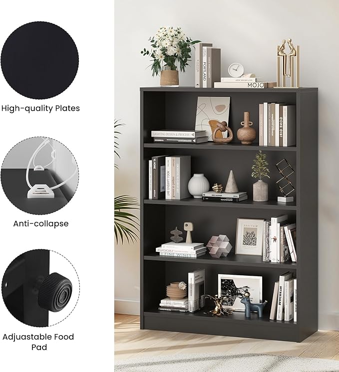 Farini 48 Inch Tall 4-Shelf Bookcase, Wood Bookshelf Storage Organizer Adjustable Shelf for Home Office, Study Room, Easy Assembly,Black