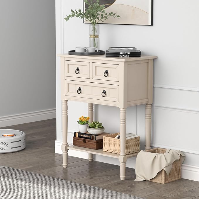 Giantex Entryway Table with Storage, Rustic Small Console Table w/ 3 Drawers & Open Bottom Shelf, Skinny Wood Console Table, Narrow Sofa Side Table for Living Room, Foyer, Hallway, Entry Table, Beige-NeatNest