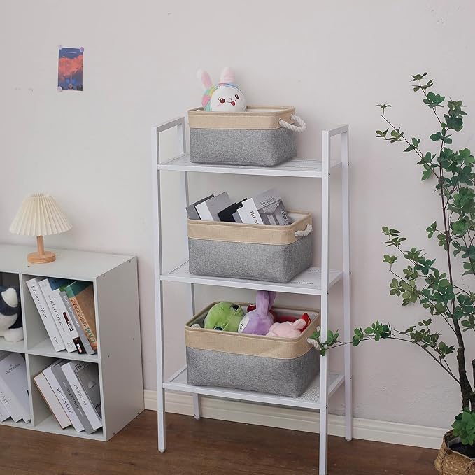 Fabric Storage Basket Set of 3, Foldable Linen Storage Box for Nursery and Home, Collapsible Canvas Shelf Basket for Wardrobe or Bedroom, Grey and Beige