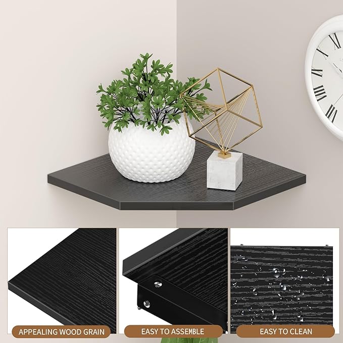 JJL Corner Shelves, 12 Inch Corner Shelf Wall Mounted with Wire Hole, 2 Tier 13.3 Inch Deep Wooden Corner Hanging Shelving for Wall Storage, for Speaker, Cable Box, Black-NeatNest