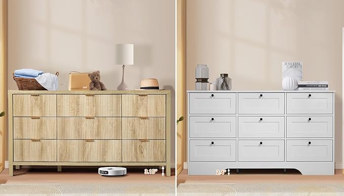 9 Drawer Dresser Cabinet, Long Nightstand with Drawers and Storage Cabinet, Boho Solid Wood Dresser TV Stand, Mid Century Modern Nightstand with 9 Drawer Dresser for Bedroom Closet (Natural)