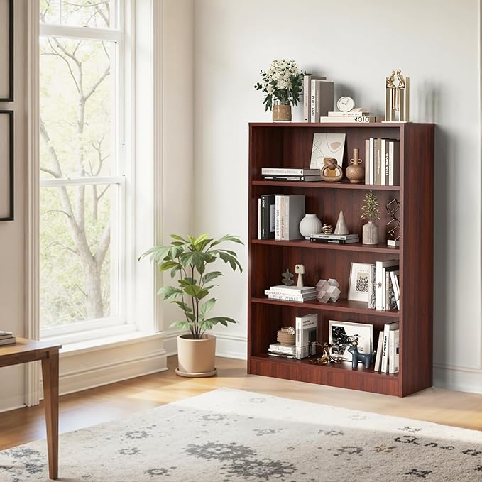 Farini 48 Inch Tall 4-Shelf Bookcase, Wood Bookshelf Storage Organizer Adjustable Shelf for Home Office, Study Room, Easy Assembly,Mahogany