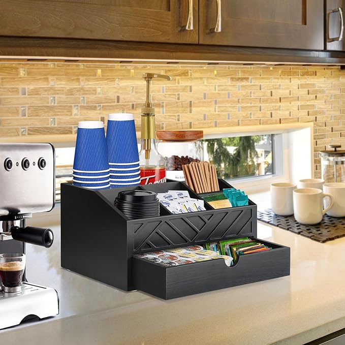 Farmhouse Coffee Bar Accessories Organizer - Countertop Coffee Station with Drawer, Pod Holder & Condiment Organizer (Black)-NeatNest