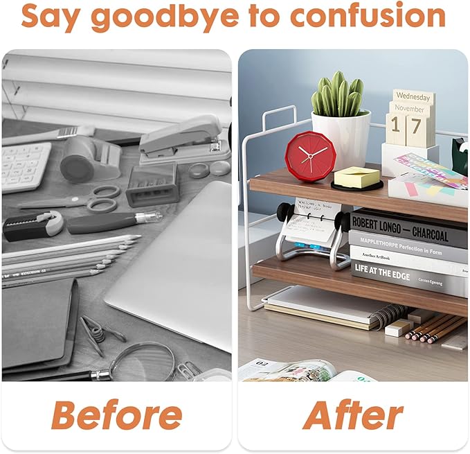 ShellKingdom Display Shelf for Figures, 2 Tier Desk Shelf Organizer, Desktop Shelves, Adjustable Bookshelf Storage Rack and Office Cubicle Decor for Tabletop, Office, Dorm (White Frame + Wood Board)-NeatNest