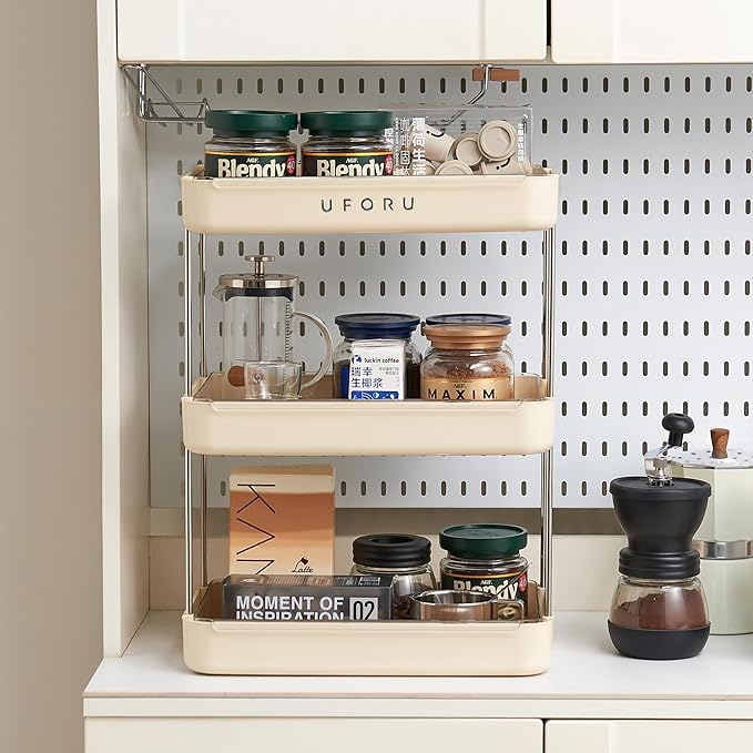 Countertop Coffee Station Organizer, 3 Tier Wine Glass Holder, Mug Shelf with Removable Drain Tray, Spice Rack for Kitchen, Bathroom Countertop Organizer, Cream White-NeatNest