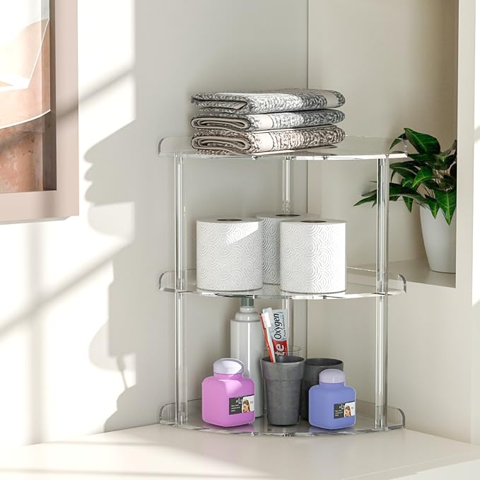 3 Tier Acrylic Corner Shelf Organizer Storage 9.5x9.5x15.7 Inch, Transparent Countertop Corner Shelf for Bathroom, Kitchen, Bedroom, Office, Study Room-NeatNest