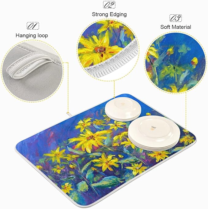 Absorbent Dish Drying Mat for Kitchen Counter - Oil Painting Flowers Microfiber Drying Pad, Reversible Drainer Mats for Countertop, Large 18" x 24"