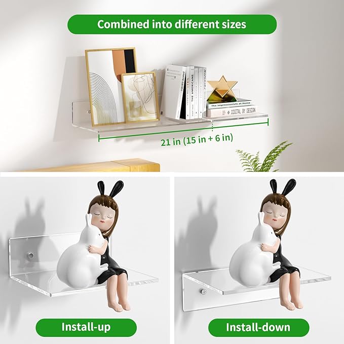 FEMELI 2 PCS 6" Acrylic Floating Shelves, Clear Shelf for Display, Plant, Perfume, Book in Bedroom Living Room Office, 5mm Thick Wall-Mounted Acrylic Shelves for Wall