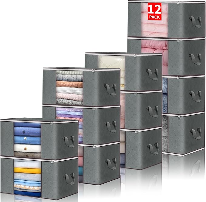 Budding Joy Clothes Storage, Foldable Large Storage Bags, Storage and Organization for Clothing, Blanket, Comforter, Clothes, Pillows, Toys, Closet Organizers with Enhanced Handle, 60L 12 Pack-NeatNest