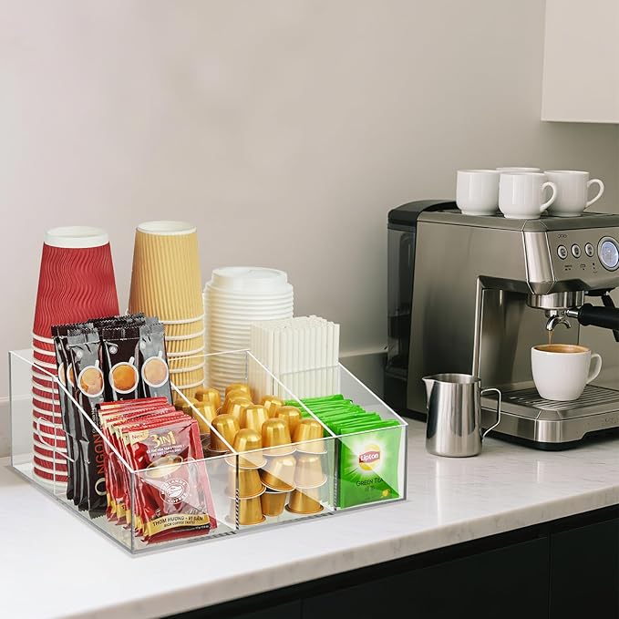Acrylic Coffee Bar Organizer for Countertop, Cups Lids Sleeves Pods Syrups and Coffee Bar Accessories Storage Organizer Condiment Holder for Office Breakroom, Clear-NeatNest