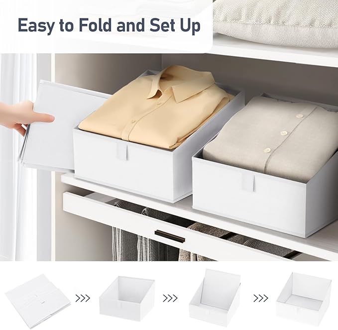DIMJ Closet Storage Bins 6 Pack - Fabric Trapezoid Organizer Bin, Foldable Storage Baskets for Shelves, Closet Shelf Organizer, Clothing Storage Box for Toys, Books, Towel, Clothes, White-NeatNest