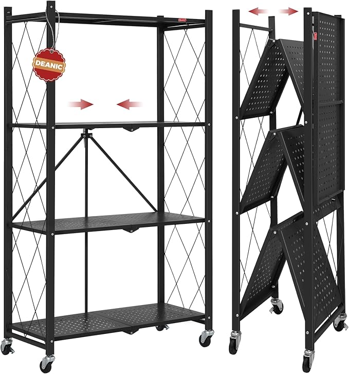 DEANIC 4 Tier Foldable Storage Shelves with Wheels, Large Capacity Shelving Unit, Freestanding Metal Wire Shelf Rack, No Assembly Organizer Rack for Garage Kitchen, Basement, Pantry(Black)-NeatNest
