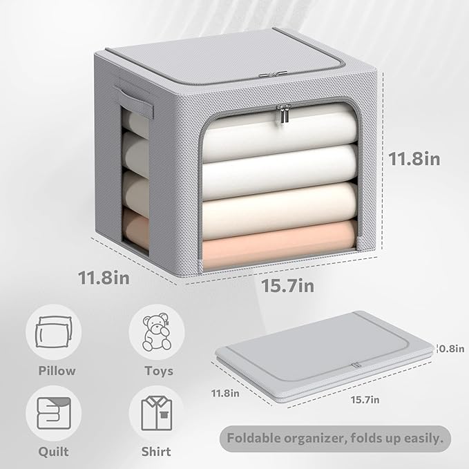 3Pack Frame Storage Box - Clothes Storage Bin Bags Oxford Fabric Foldable Stackable Container Organizer Set with Clear Window & Carry Handles (Grey, X-Small-36L)-NeatNest