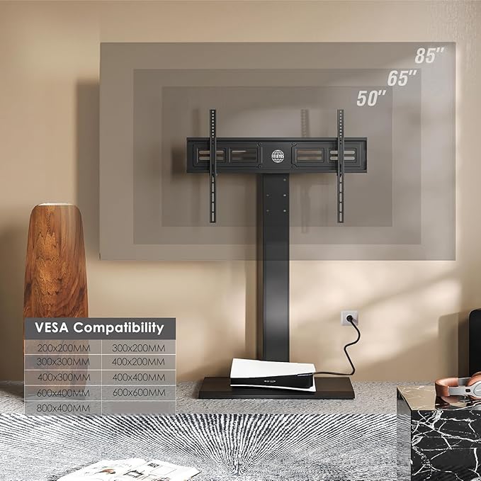FITUEYES Iron Base Floor TV Stand with Power Strip, Tall TV Stand with Swivel Mount for 50-85 Inch Plasma Flat Panel or Curved Screen TVs Height Adjustable Wire Management MAX VESA 800x400 mm