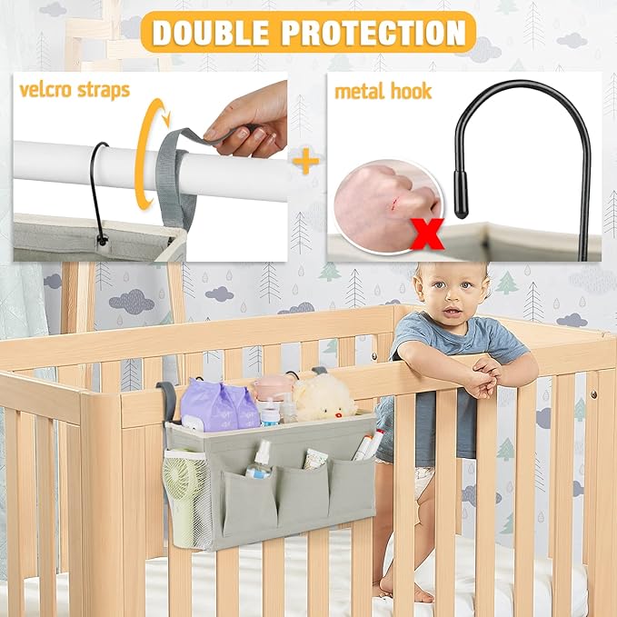 Bedside Caddy Organizer with Fixed Straps & Water Bottle Holder for Home, College Dorm, Bunk Bed, Hospital & Crib Bed Rails (2 pcs, Grey)-NeatNest