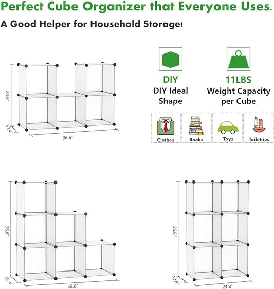 C&AHOME Cube Storage Organizer, 6-Cube Shelves Units, Closet Cabinet, DIY Plastic Modular Book Shelf, Ideal for Bedroom, Living Room, Office, 36.6" L x 12.4" W x 36.6" H Translucent White SBTM3506A-NeatNest