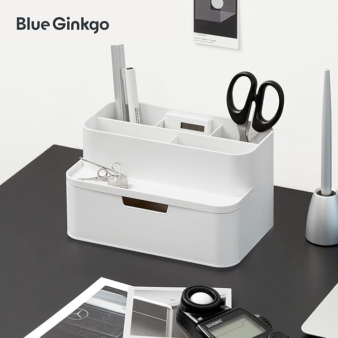 BLUE GINKGO Compact Desk Organizer – Small 5-Compartment, Half Drawer Storage – Pen Holder, Stationery Organizer for Desktop, Vanity, Shelf (Made in Korea, White)-NeatNest