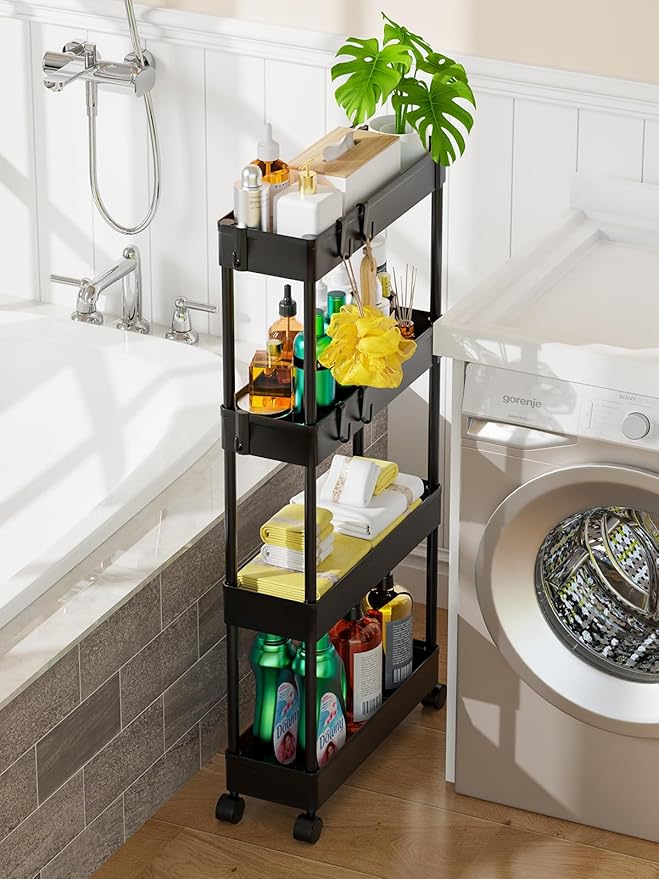 LEHOM 5.1" Slim Storage Cart - 4 Tiers Bathroom Organizer Mobile Shelving Unit Storage Rolling Utility Cart Slide Out Organizer for Kitchen Bathroom Laundry Narrow Places