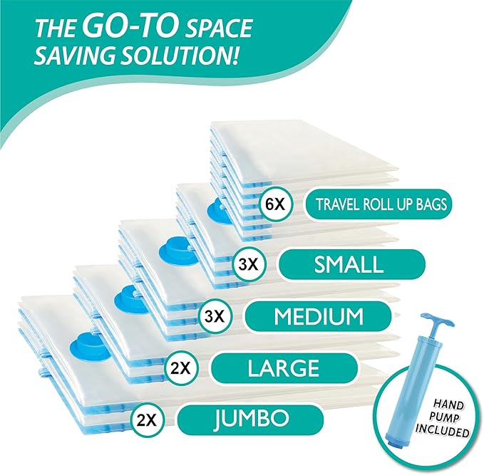 16 Pack Vacuum Storage Bags, Space Saver Bags (2Jumbo/2Large/3Medium/3Small/6Roll) Compression Storage Bags for Comforters and Blankets, Vacuum Sealer Bags for Clothes Storage, Hand Pump Included-NeatNest