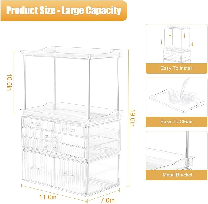 2-Tier 5-Drawer Bathroom Countertop Organizer : Multi-Purpose Makeup Organizer Countertop - Large Skincare Holder Exquisite Vanity Tray - Perfume & Skincare Storage Amber Clear-NeatNest