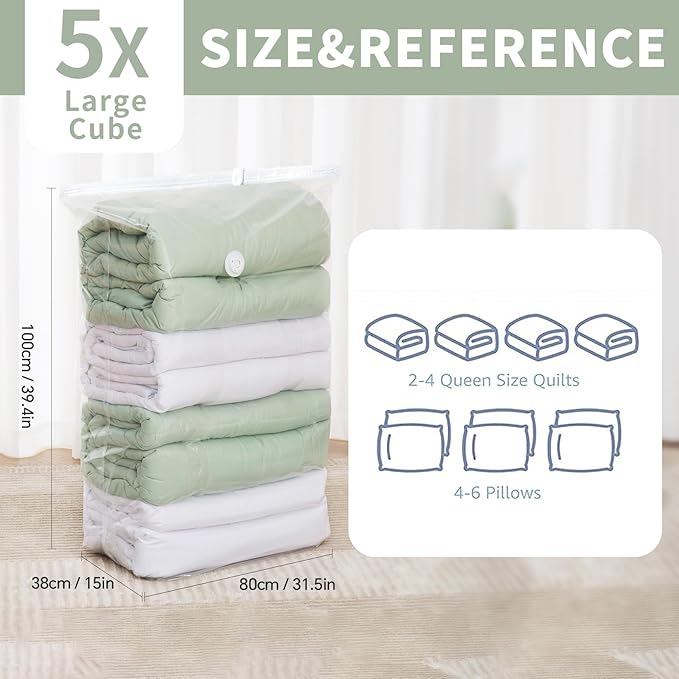 Roqao 5 PACK Cube Vacuum Storage Bags, 31x40x15 Inch Vacuum Seal Bags for Clothing, Blankets, Bedding, Space Saver Vaccine Sealed Storage Bags, Seasonal Storage, Large-NeatNest