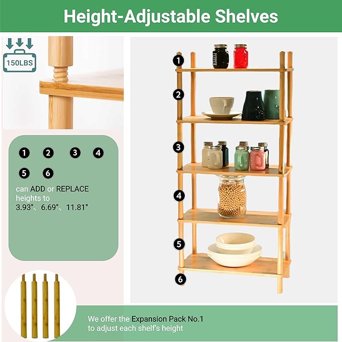 Bamboo Rack | Tool-Free Expandable (2-6 Tiers) | Kitchen Spice Organizer & Office Breakroom Snack/Cup Storage (Natural Bamboo)(Powered by Gogogo) (Natural, 15.6" W(4 Tier))-NeatNest