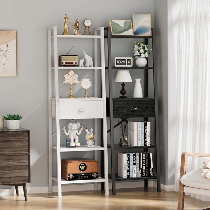 Furologee 5 Tier Bookshelf, Ladder Shelf with Drawer, Tall and Narrow Bookcase, Storage Shelves Organizer,Industrial Display Standing Units for Bathroom,Kitchen,Bedroom,Living Room,White