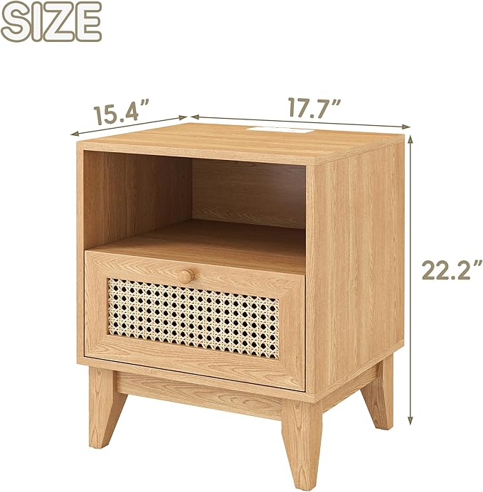 Rattan Bed Side Tables of 2 with Charging Station Wood Farmhouse Nightstands Set of 2 with USB and Type-C Ports for Bedroom Oak Rustic End Table with Drawer and Opening Shelf for Living Room
