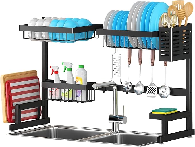 PUSDON Over Sink Dish Drying Rack Stainless Steel, Adjustable Large Dish Drainer for Storage Kitchen Organization Black 2 Tier-Simplified(26"-38")