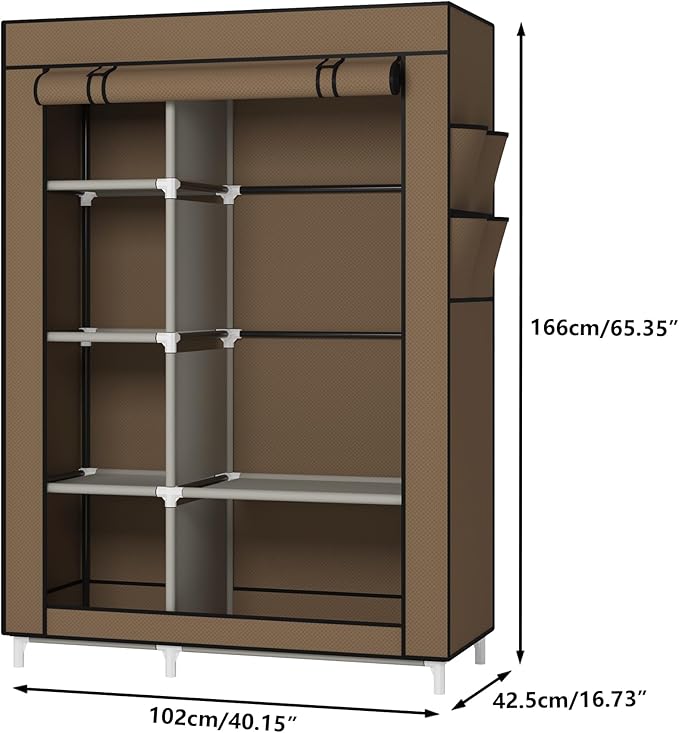 Calmootey Portable Closet Organizers, Clothing Storage, Wardrobe with 6 Shelves and Hanging Rod, Non-Woven Fabric Cover with 4 Side Pockets, Brown-NeatNest
