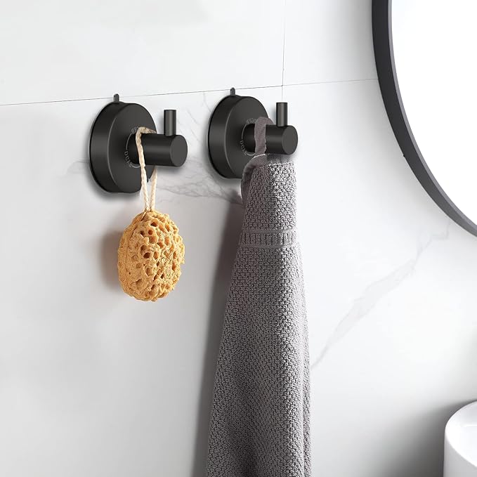 DGYB Suction Cup Hooks for Shower Set of 2 Towel Hooks for Bathrooms SUS 304 Stainless Steel Matte Black Shower Hook for Loofah 15 LB Bathroom Hook for Towels-NeatNest