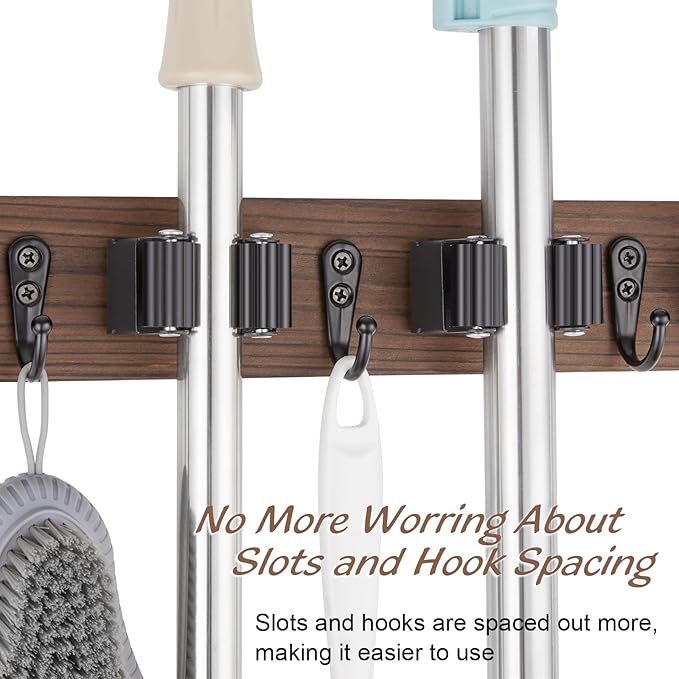 Mop and Broom Holder Wall Mount - Wood Broom Mop Hanger - Wall Mounted Garden Tool Rack Organizer for Closet Garage Laundry Room for Rustic Kitchen Decor With 5 Slots & 4 Hooks-NeatNest