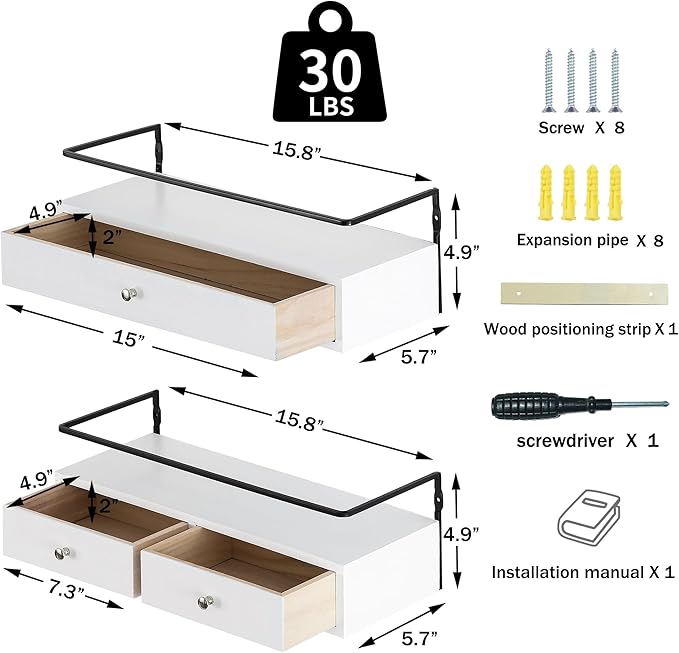Floating Shelves for Wall Storage, Wall Mounted Bathroom Shelf with Drawers Set of 2, Rustic Wood Wall Shelves for Bedroom, Living Room, Kitchen, Home Decor, Plants, Books-NeatNest
