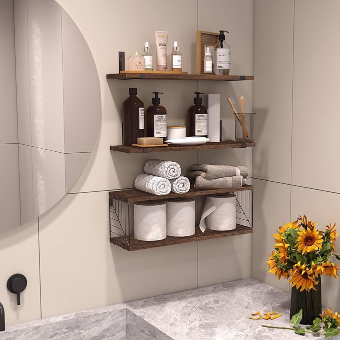 Fixwal 3+1 Tier Bathroom Floating Shelves Over Toilet, 15.8in Farmhouse Rustic Wood Shelves, Wall Decor for Bathroom, Living Room,Bedroom and Kitchen (Dark Brown)-NeatNest
