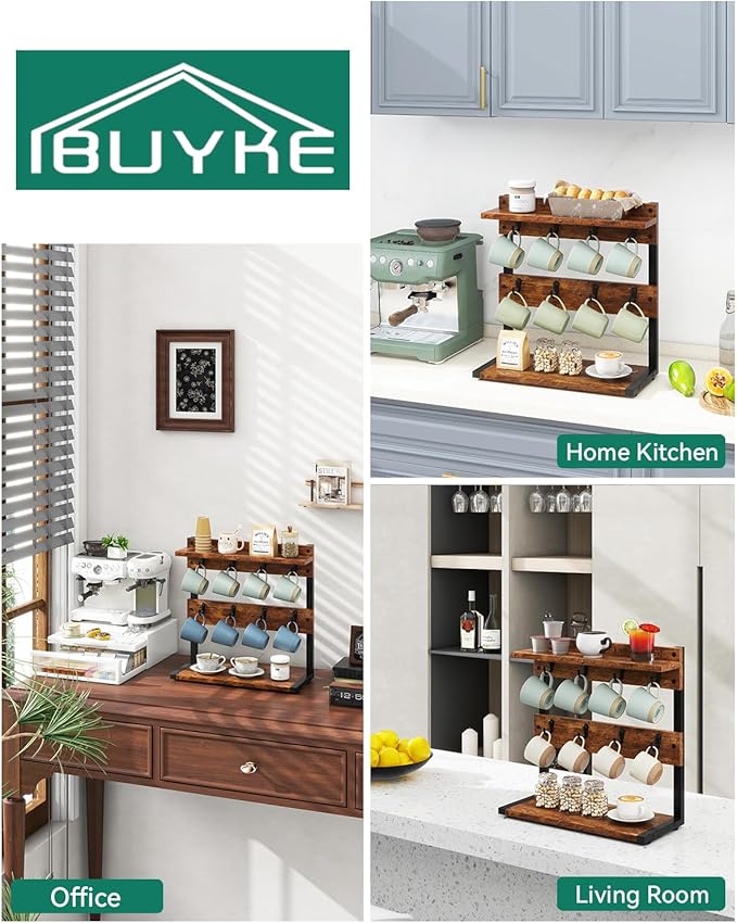 IBUYKE Rustic Coffee Mug Holder Stand, 2 Tier Countertop Mug Tree Holder Rack with Storage Base, Vintage Mug Holders for Kitchen, Holds 8 Mugs, Rustic Brown UTBJ002H-NeatNest