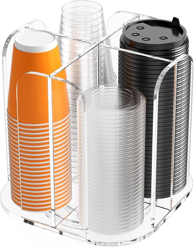 Beego Rotatable 4-Compartment Acrylic Cup Dispenser - Coffee Station Cup and Lid Carousel Countertop Plastic Cup Holder for Restaurant Breakroom Coffee Bar-NeatNest