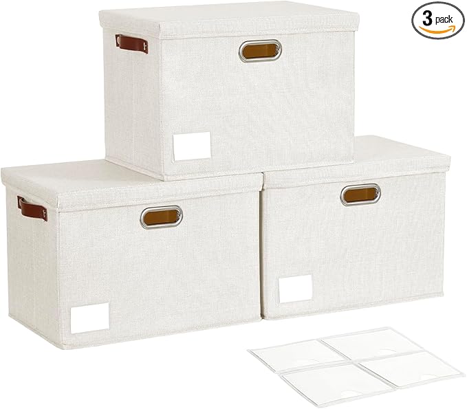 17" Large Collapsible Storage Bins with Lids, Stackable Closet Organizers with PU Handle and Labels, 3-Pack Decorative Fabric Storage Boxes for Home, Bedroom, Closet, Office, Nursery(White)-NeatNest