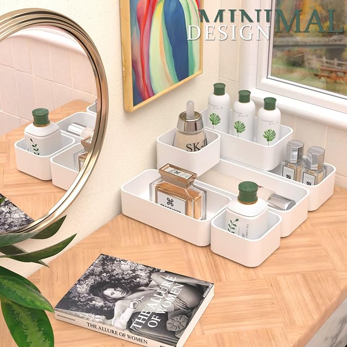 CHANCETSUI 6 PCS Stackable Drawer Organizers Set, Versatile Desk and Vanity Drawer Organizer Trays, Storage Bins for Makeup, Bathroom, Bedroom, Kitchen and Office, White-NeatNest