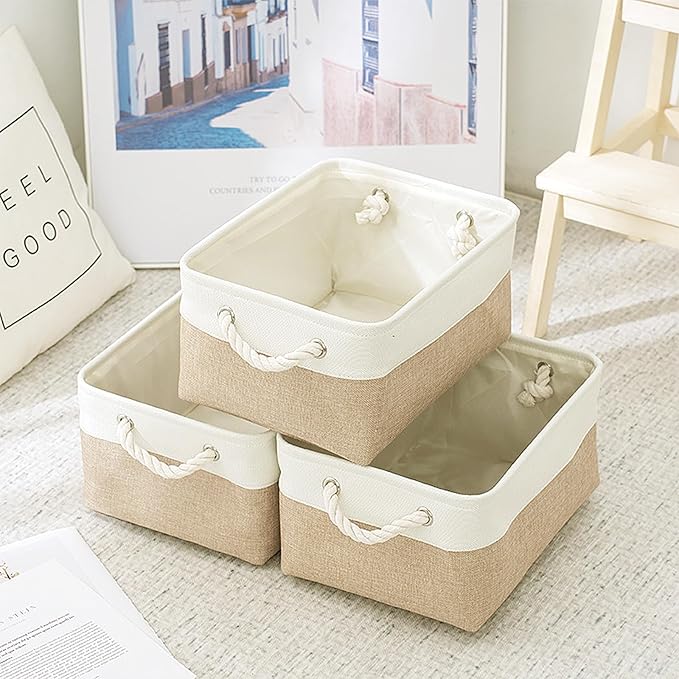 Fabric Storage Bins, 3 Pack Foldable Cube Baskets with Rope Handles, Large Collapsible Storage Cubes for Home, Office, Closet, Clothes, Books Organizer. (Khaki and White, 3PCS/12.2*8.2*5.1inch)-NeatNest