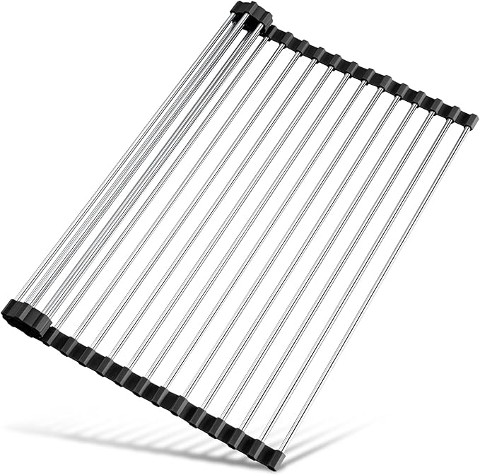 Tomorotec 17.7" x 12.5" Roll Up Dish Drying Rack Over Sink Drying Rack Sink Cover Kitchen Sink Accessories Gadget Multipurpose Organizer Foldable Stainless Steel Drainer
