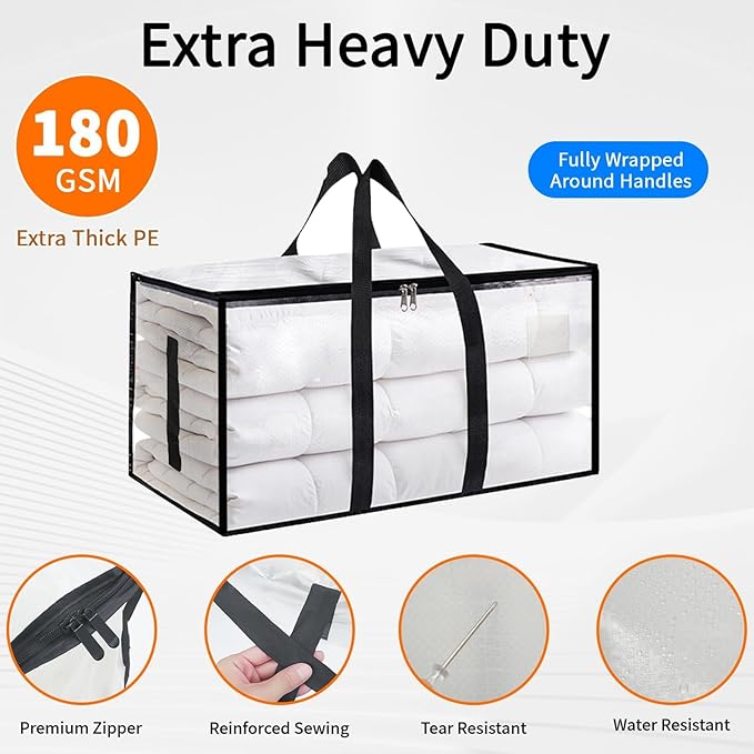 Extra Large Heavy Duty Moving Bags - Waterproof Storage Totes with Reinforced Handles & Zippers, Foldable for College Dorm Essentials, Clothes Storage & Travel (4-Pack Clear)